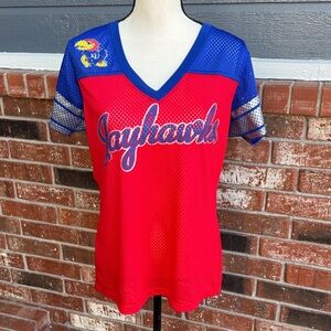 G3 For Her by Alyssa Milano KU Jayhawks Ruffle Mesh Gameday Shirt Blue Red XL